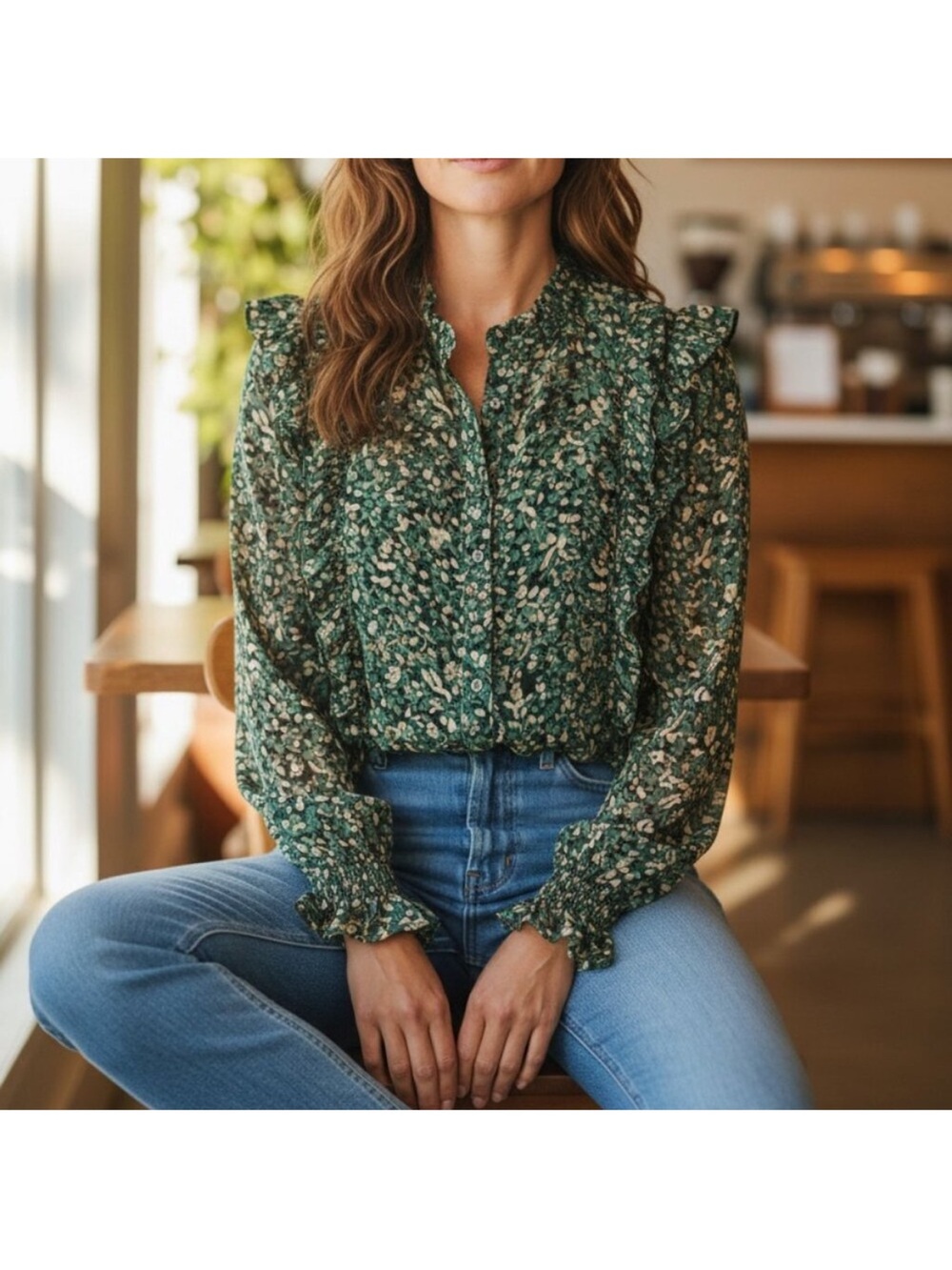 THE SHIRT BY ROCHELLE BEHRENS- Green Floral Ruffle Sleeve Button Down Size XS